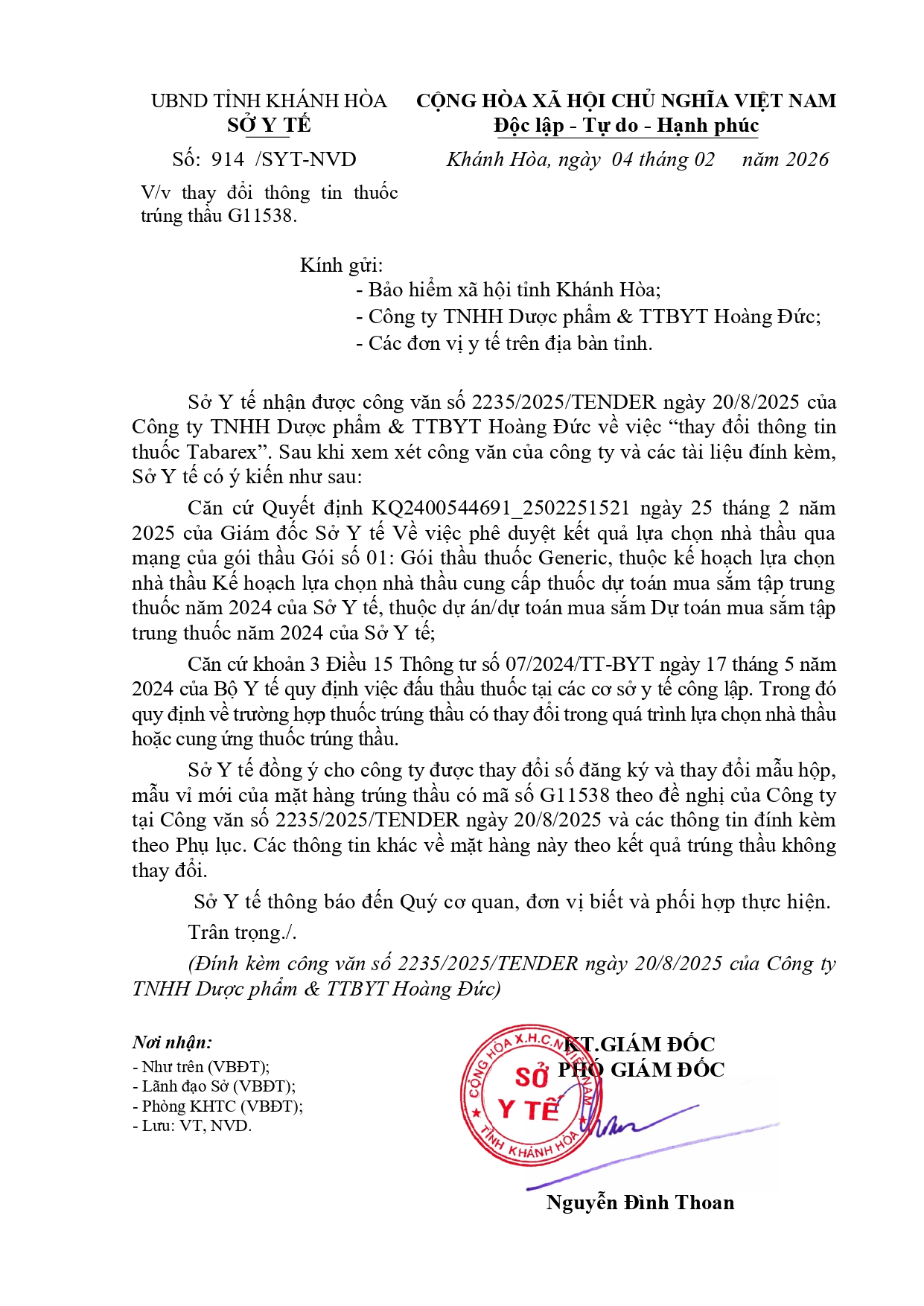 V/v thay đổi thông tin thuốc trúng thầu G11538.